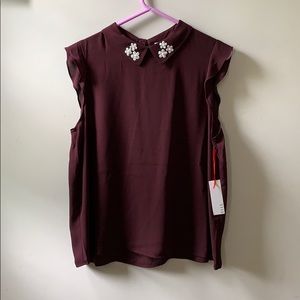 Sleeveless ELLE Maroon Beaded Flower Blouse
